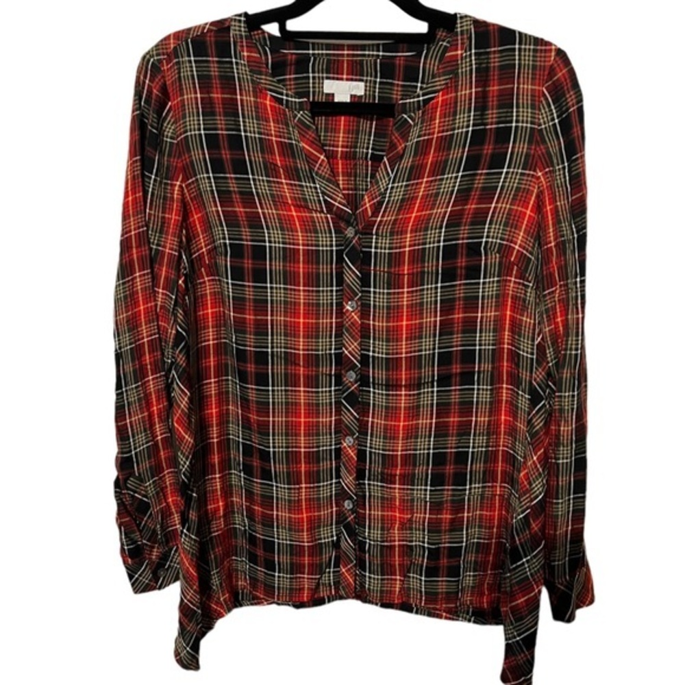 J. Jill Red Black Plaid soft Long Sleeve Button Down Top Size XS
